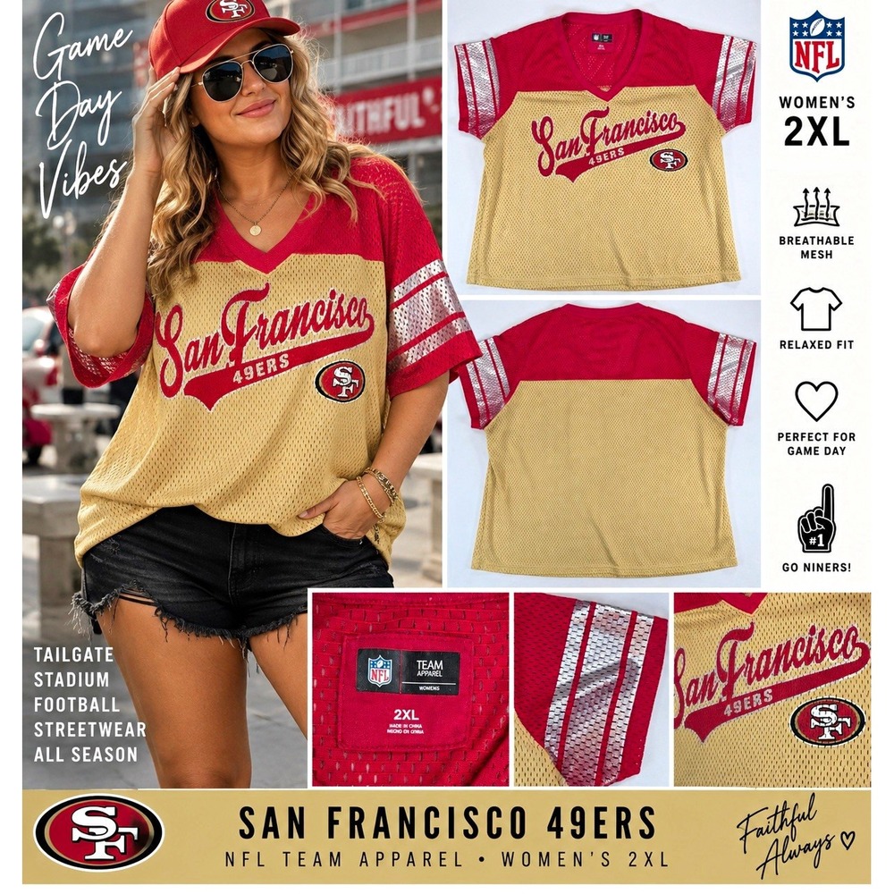 49ers NFL Team Jersey Shirt San Francisco Women 2XL Mesh V-Neck Shirt Red Gold